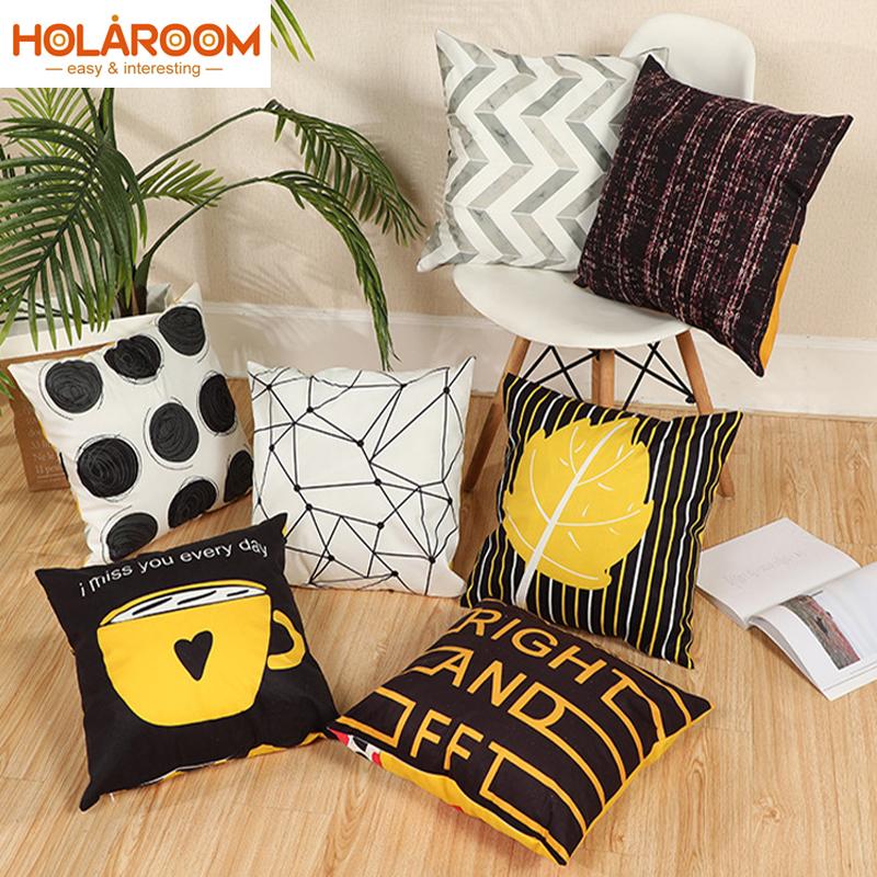 

Geometric Cushion Cover Black and Yellow Polyester Throw Pillow Case Striped Dotted Grid Triangular Printed Art Cushion Cover, A1643