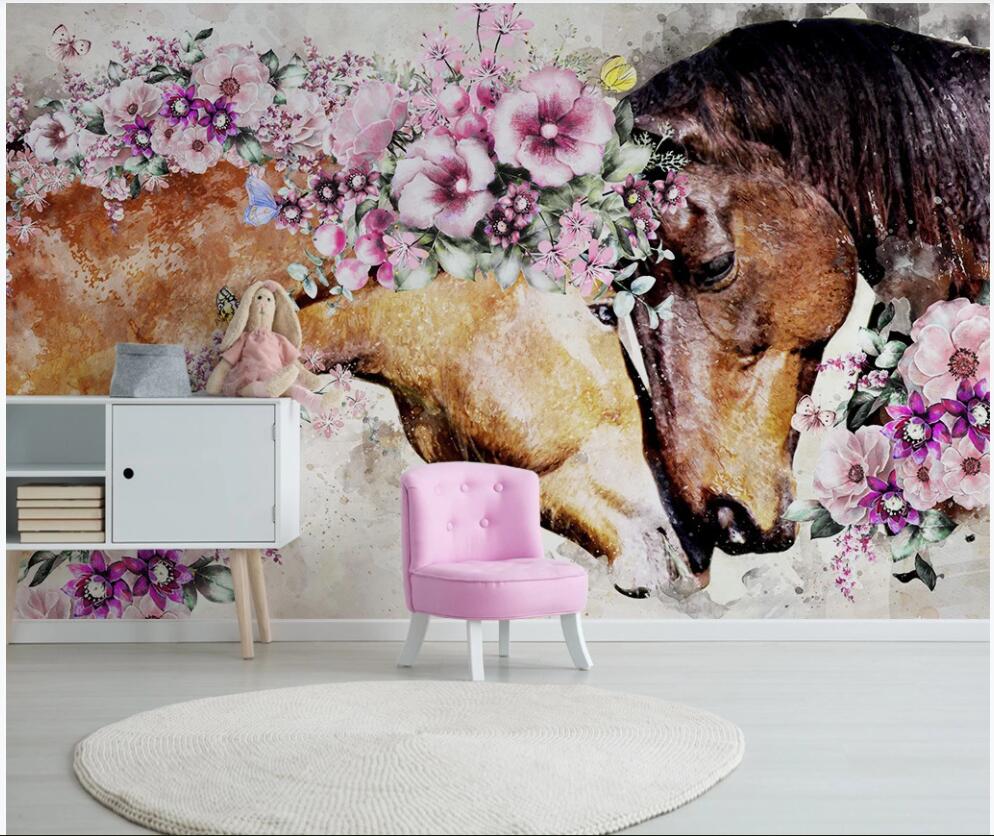

3d wallpaper custom photo mural Modern hand painted creative flower love horse living room home decor 3d wall murals wallpaper for walls 3 d, Non-woven wallpaper