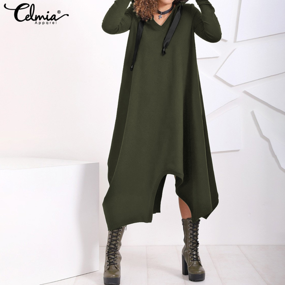 

Celmia Winter Women 5XL Sweatshirt Dress Hooded Cool Pullovers Long Sleeve Irregular Fleece Party Vestidos Plus Size, Light grey