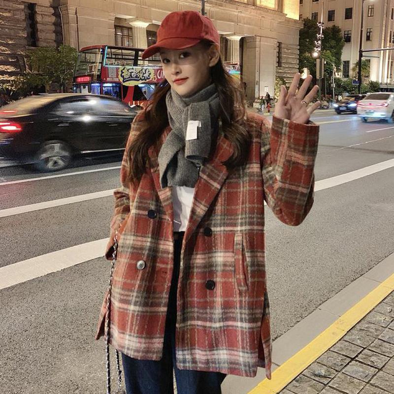 

New woolen coat autumn and winter plaid suit jacket loose and cotton mid-length suit jacket women plaid coat, Photo color