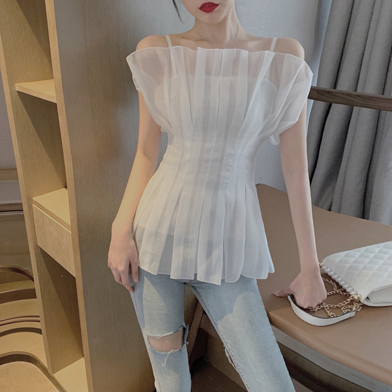 

2021 New Solid three-dimensional design chiffon T-shirt vest summer sweet white with no sleeves fine ruched top women's clothes shirts F9NV