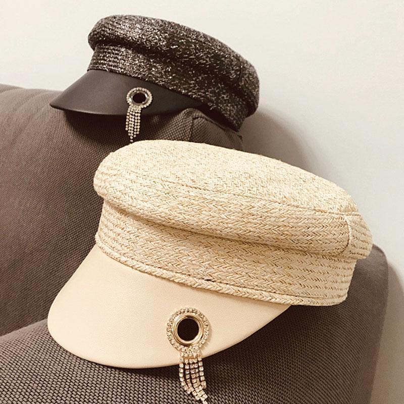 

Women Summer Straw Cap Beige Black Newsboy Cap Beret Breathable Summer Octagonal Cabbie Visor1