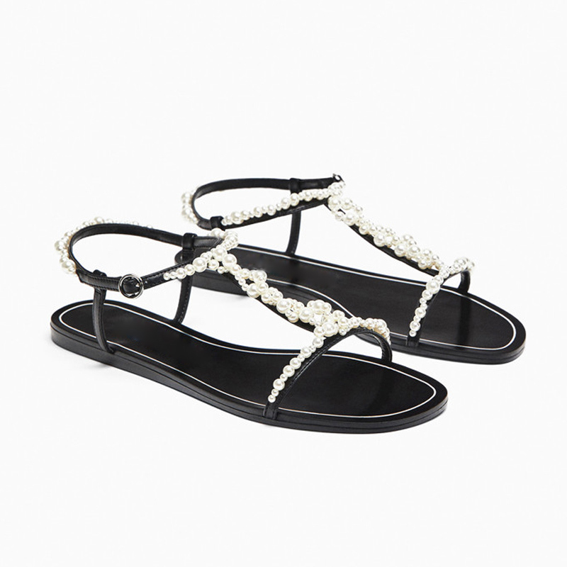 

Bright Chic Ladies Pearls Sandals Summer T-strap Apartments Holiday Ladies'open-toed Shoes Ne15, Black