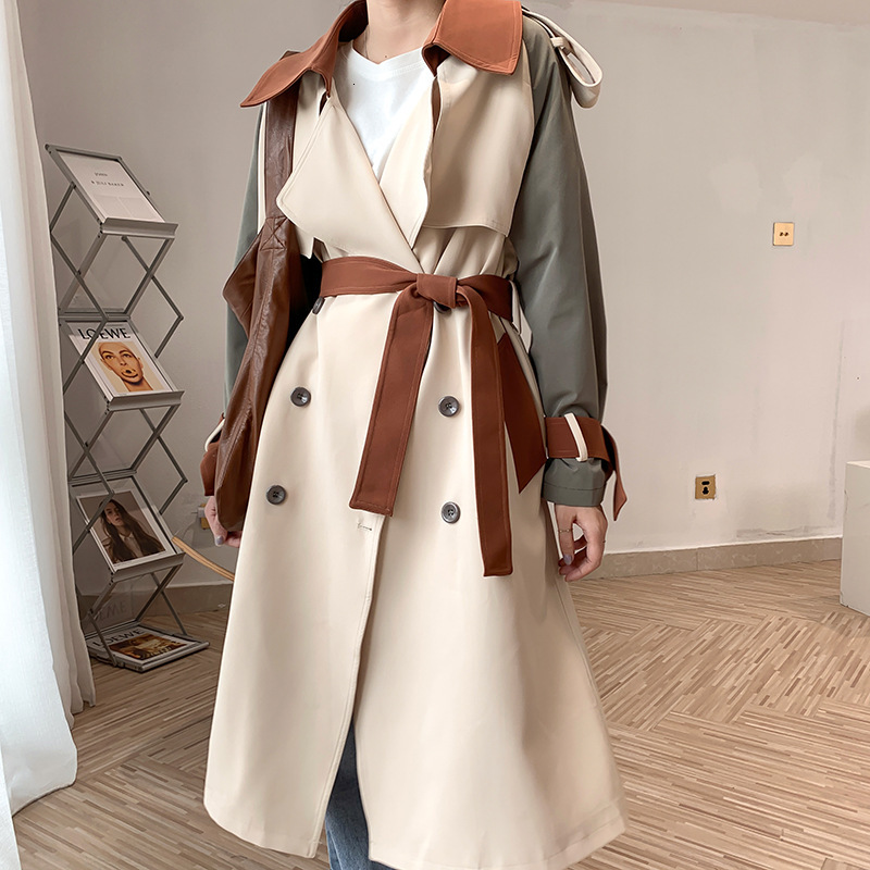

2021 New Fashion Coat with Belt Turn Down Collar Contrast Color Women Long Trench Femme Casaco Abrigo Streetwear 2vhc, Beige