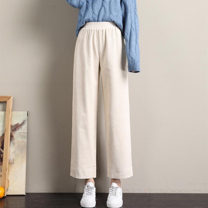 

Corduroy Pants Women Wide Leg Pants Fashion France Korean Style Girls Beige Black Trousers Elastic Waist mujer pantalones Chic