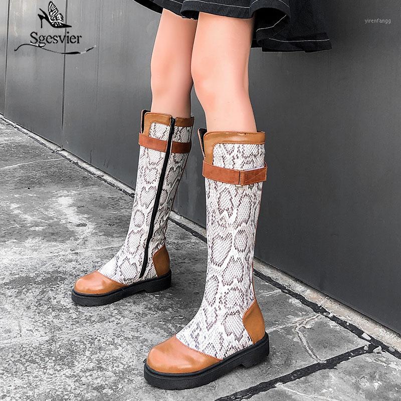 

Sgesvier 2020 hot women knee high boots mixed color snake buckle European Style long boots autumn winter low heels shoes woman1, Black