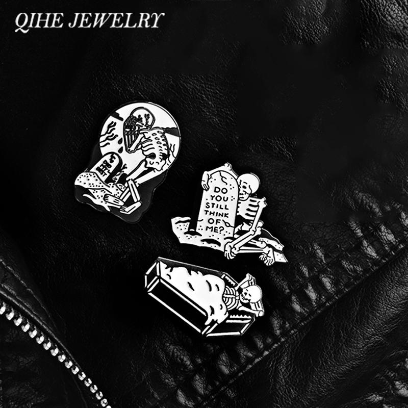 

Pins, Brooches QIHE JEWELRY Tombstone Coffin Crying Skelelton Pins Lapel Badges Punk Halloween Skeleton