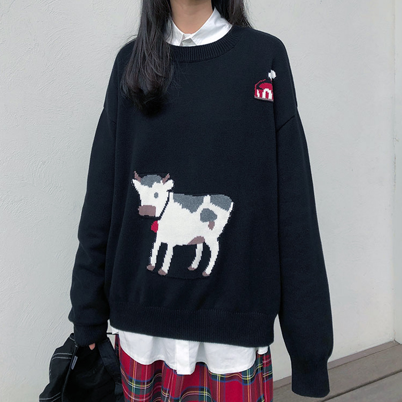 

2021 Cute Cow Embroidery Female Autumn Women Harajuku Cartoon Animal Sweater Loose Round Neck Long Sleeve Knit Th1e, Black