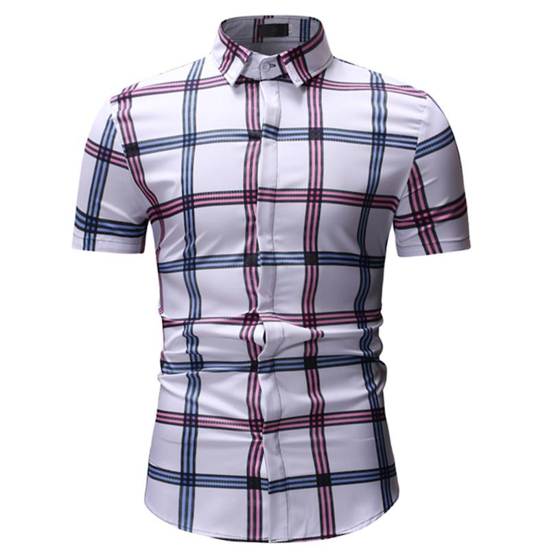 

2020 Summer Fashion New Men's Casual Turn Down Collar Neck Short Sleeve shirt / Man's Plaid shirt, Blue