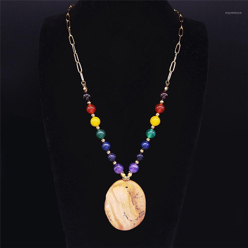 

Big Long 7 Color Chakra Natural Stone Stainless Steel Statement Necklace Women Gold Color Necklace Jewelry cadenas mujer N5S041