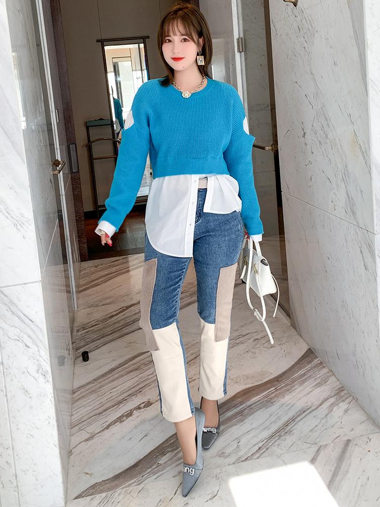 

Personality Splice Fleece Contrast Pu Leather High Waist Slimming Jeans Women Winter New Plus sizes large size Top Quality, Sky blue