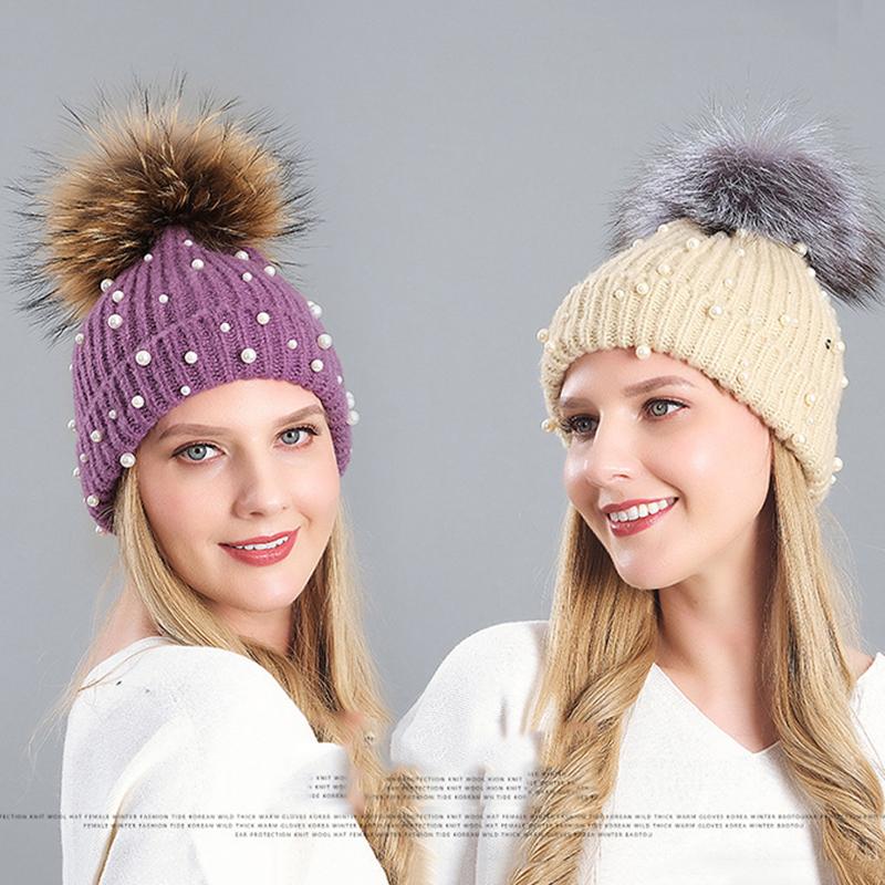 

2020 New Natural Fur Pom Pom Hat Fashion Winter Knitted Hat for Girl Women Warm Beanies Warm Cap Autumn, Black