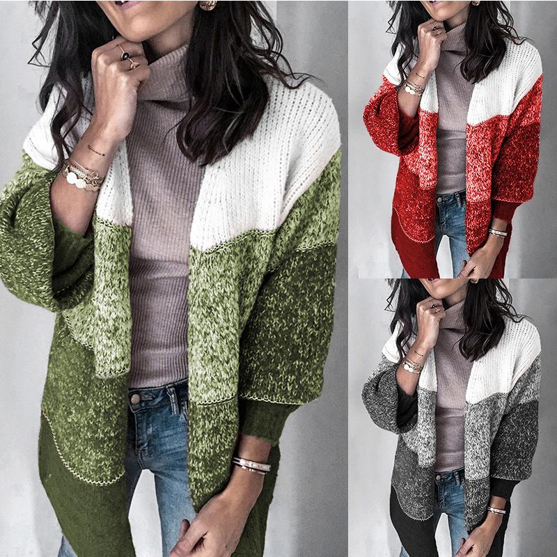 

2020 Autumn/winter Mixed-color Sweater Coat Striped Stitching Hit-color Knitted Cardigan Long Sweater Women, Beige