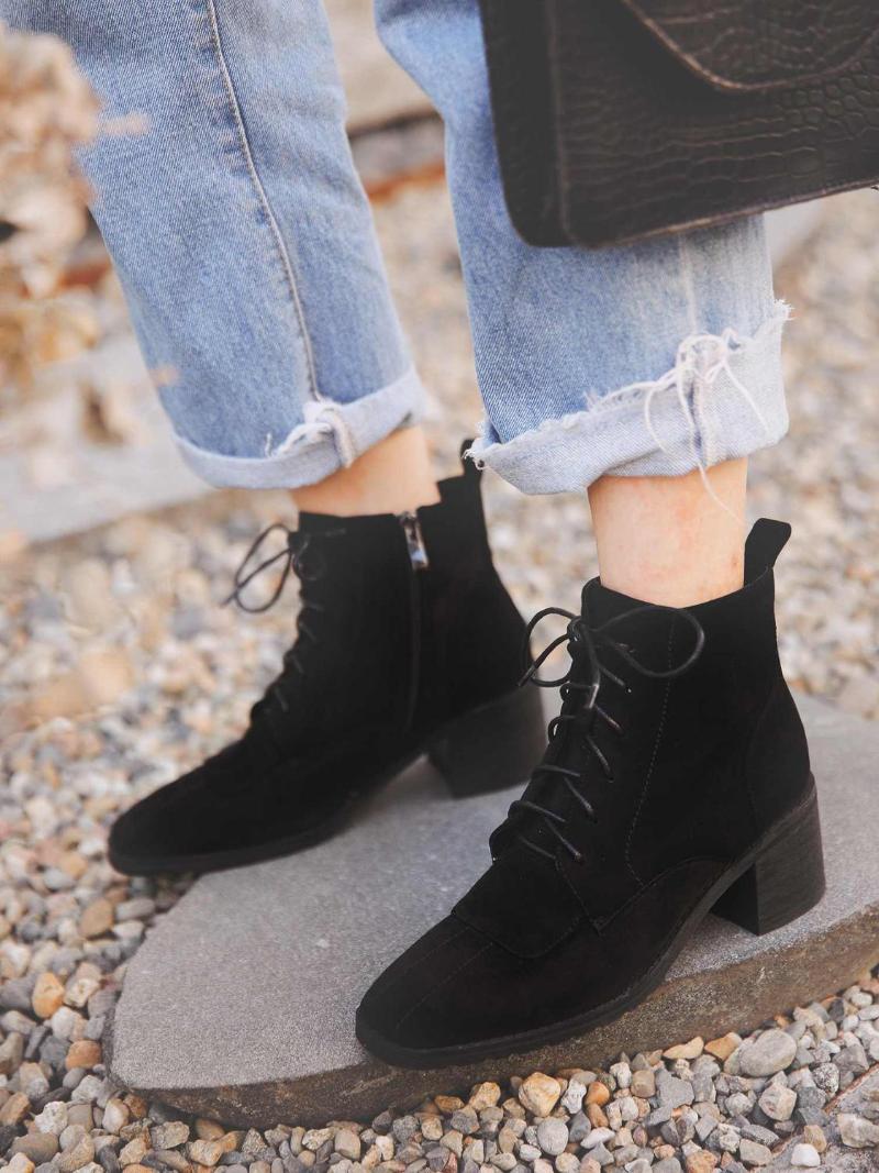 

Bottes femme new winter shoes women's ankle boots flock lace up square toe high heels shoes keep warm women's ankle boots, Black