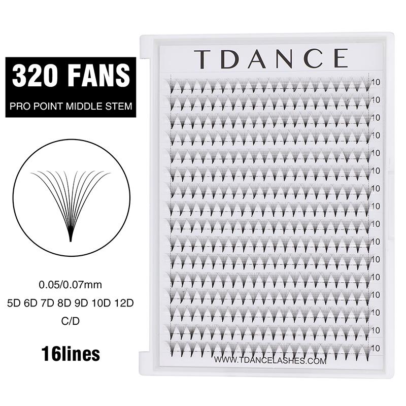 

TDANCE 320 Fans 16Lines Premade Volume Fans 5D/6D/7D/8D/9D/10D/12D Extension Pro Point Pointy Base Middle Stem Faux Mink Lash