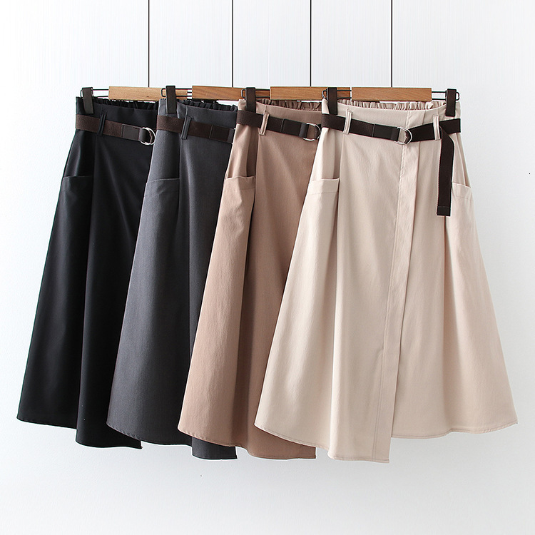 

New 2021 High Waist Summer A-line Irregular Hem Fashion Midi Length Skirt with Belt Women Clothes Faldas Jupe Femme Saia X2ao, Khaki