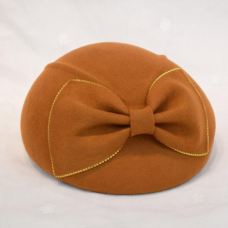 

202012-chenxing spring autumn wool Styling cap chain bowknot lady beret hat women Leisure painter hat, Black