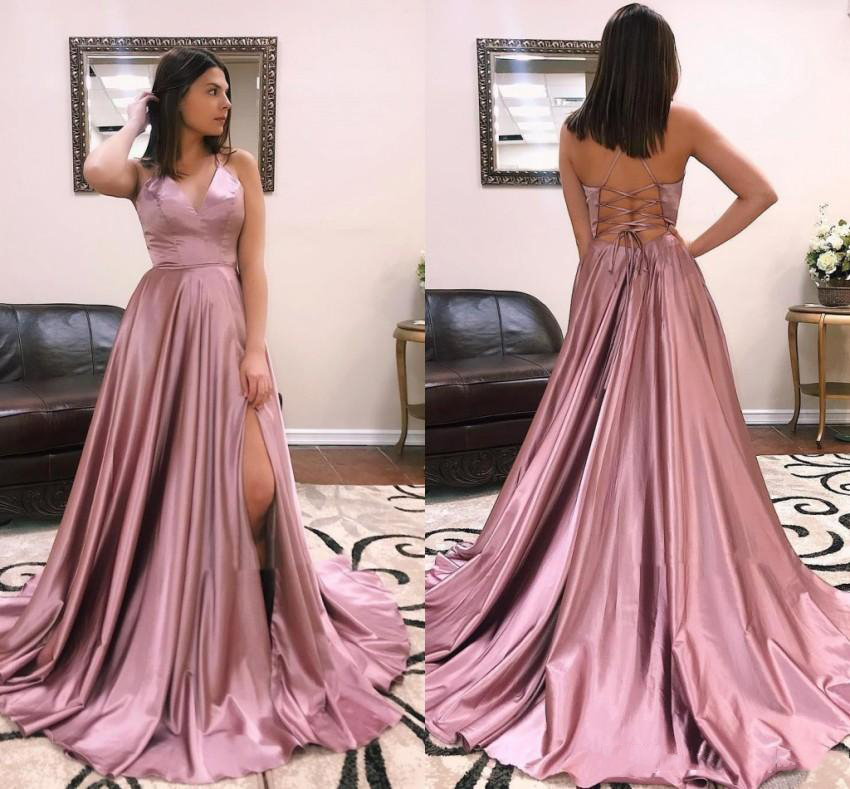 

Blush Pink Side Split Long Evening Dresses 2021 Halter V Neck Criss Cross Back Sweep Train Satin Formal Prom Party Gowns, Gold