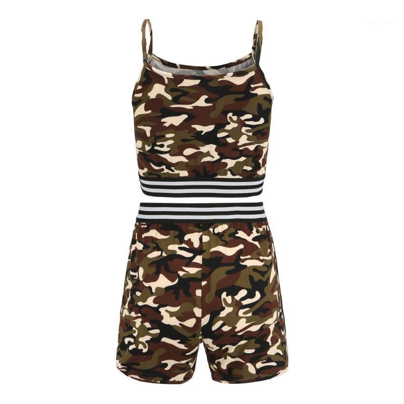 

Women' Tracksuit 2020 Summer Women' Fashion Sleeveless Strappy Short Camouflage Print Top And Shorts Sports Suit #31, Green