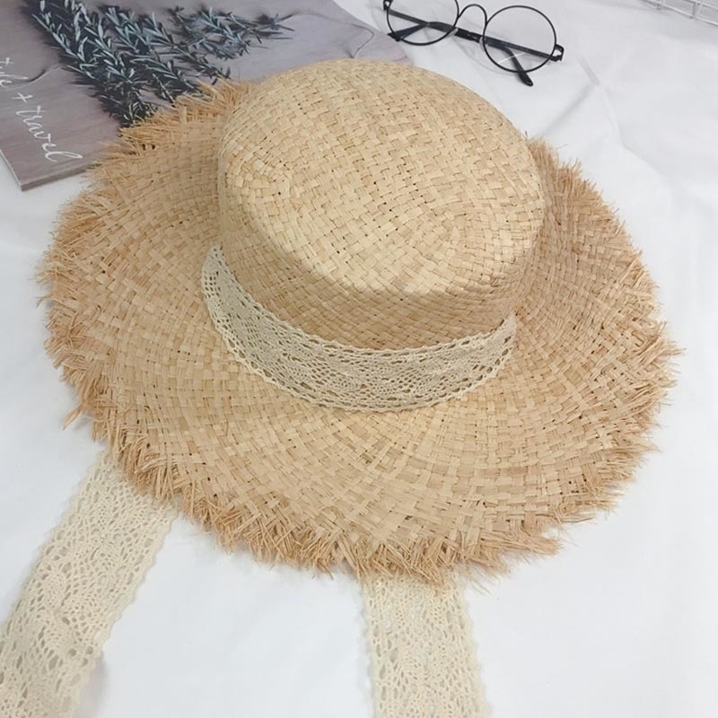 New Girls UV Sun large kids Wide Brim Summer Beach Hats Natural Flat Top Ribbon Rope Tie Travel Hat Kentucky Derby Cap Y200714