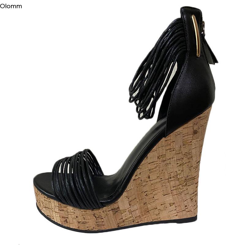 

Olomm 2021 Handmade Women Platform Sandals Wedges High Heel Sandals Open Toe Black Party Shoes Women Shoes US Plus Size 4-10.5, D2587 black