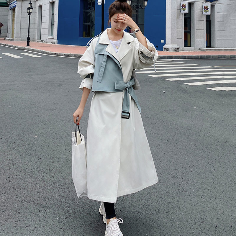 

2021 New Female Blouse Spring New Korean Loose Long Single-breasted Beige Blue Seam Trench Coat Yy1 Faxa