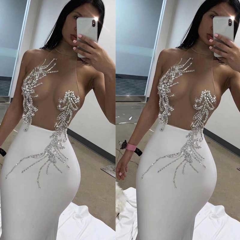 

Wholesale New woman's dress black White Mesh perspective Sexy nightclub celebrity cocktail party bandage dress Y200824