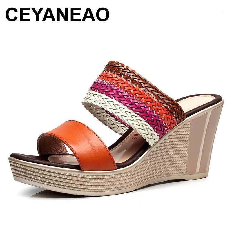 

CEYANEAOHot spell color genuine leather weaving women sandals 2020 summer platform wedge women slippers comfort non-slip fashion1, Black