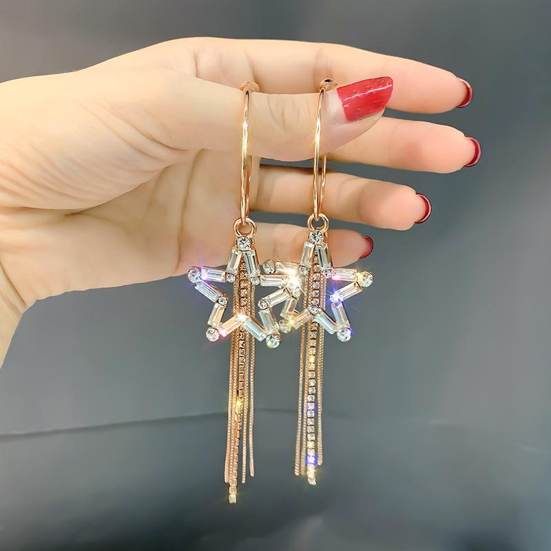 

2020 Fashion Korean Style Star Hoop Earrings for Women Long Tassel Shiny Gold Silver Color Crystal Earring Party Jewelry Gifts