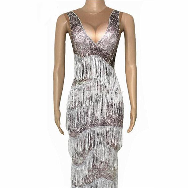 

Gray Tassel Rhinestones Printed Long Style Dress Women's Birthday Party Wear Nightclub Female Singer Show Sexy Summer Dresses