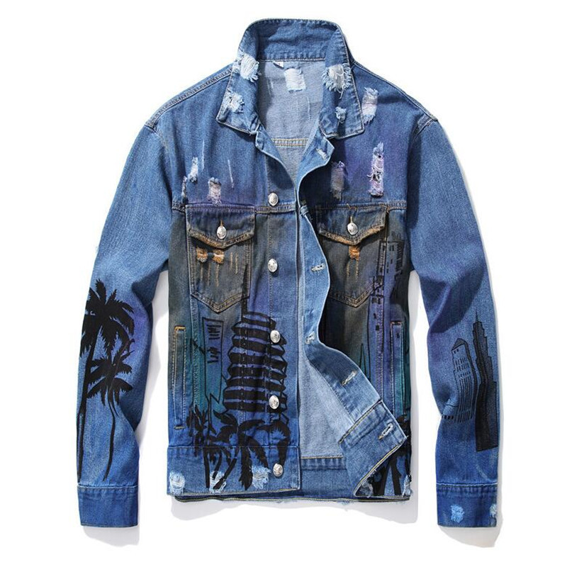 

Free delivery 2020 new men loose coconut printed jean fashion torn holes denim jacket paint letters outerwear, Picture color