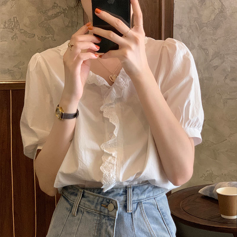 

2021 New 2 Korean-style puff short female shirt v neck loose summer tops (x1492) 5HEN, Black