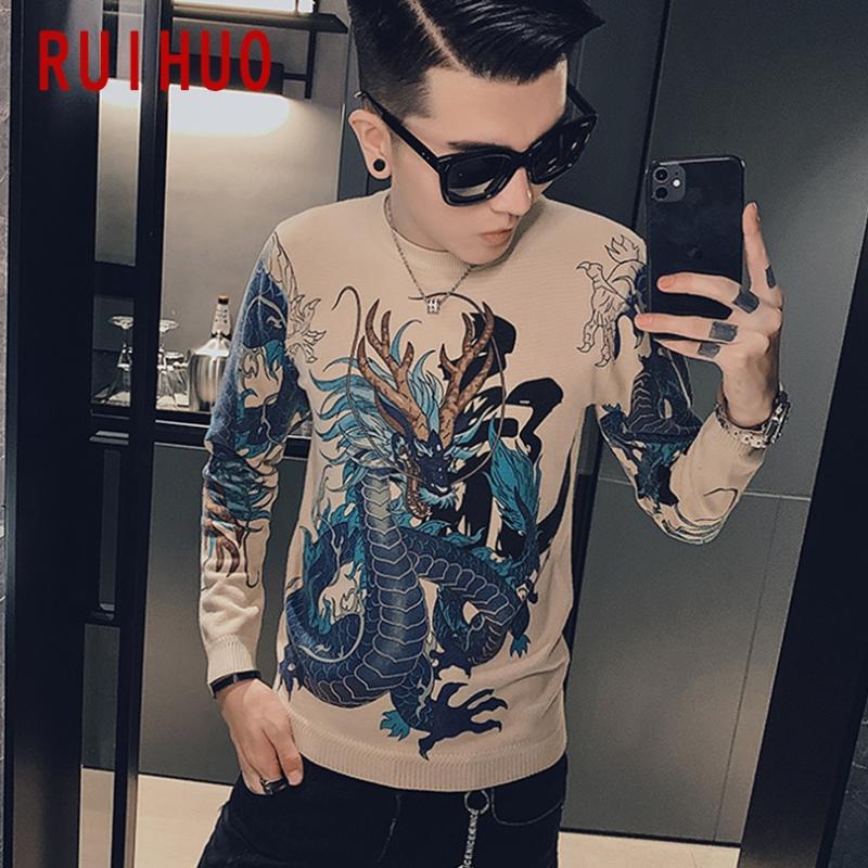 

RUIHUO Dragon Knitted Sweater Men Clothing Pull Sweaters Winter Men Clothes Pullover Mens Coat 2020 Autumn Winter New -3XL, Apricot