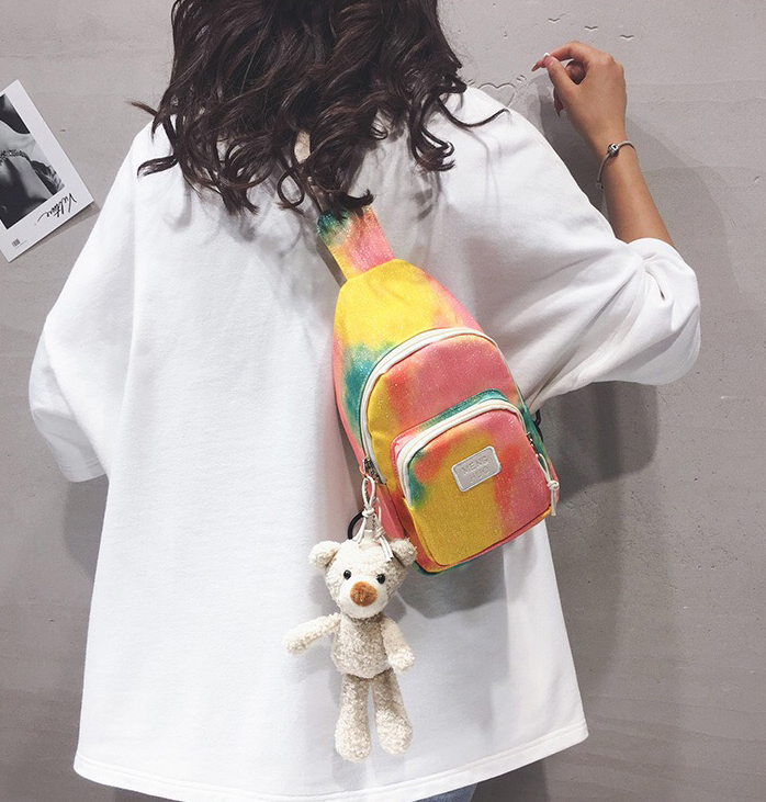 

Colorful chest bag, female fashion printed one-shoulder cross-body bag, cute bear pendant sports cycling bag mini mobile phone bag, studen, Blue
