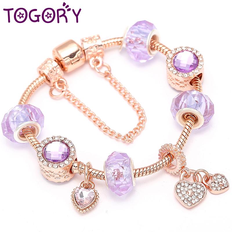 

TOGORY European Style Antique Crystal Heart Charm Bracelet With Murano Glass Beads Brand Bracelet for Women Jewelry Dropshipping