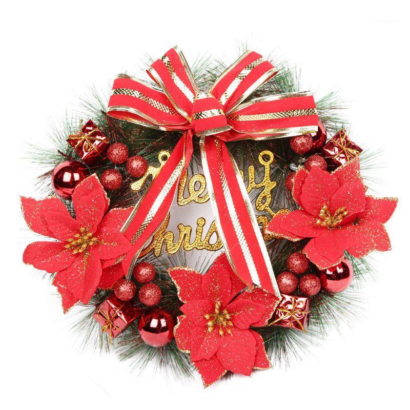 

30CM Artificial Christmas Wreath With Bowknot, Poinsettia, Christmas Balls Ornaments Holiday Front Door Hanging Decorations1, Red