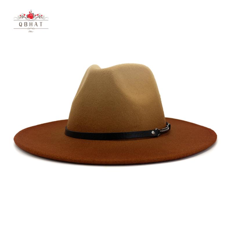 

QBHAT Large Brim Gradient Fedora Hats for Women Men Spray-painted Wool Felt Jazz Hat Panama Party Cap with Leather Band, Green
