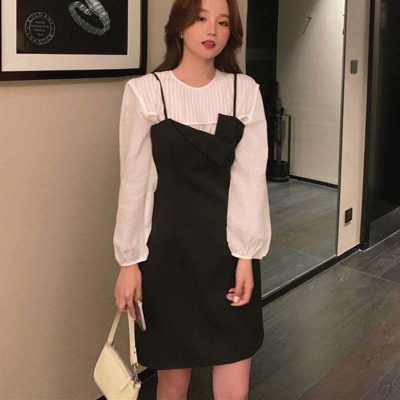 

Spring Winter Women' Set Korean Style Two Piece Outfits Long Sleeve White Blouses and Sleeveless Black Mini Dress 2 Piece Set, Photo color suit