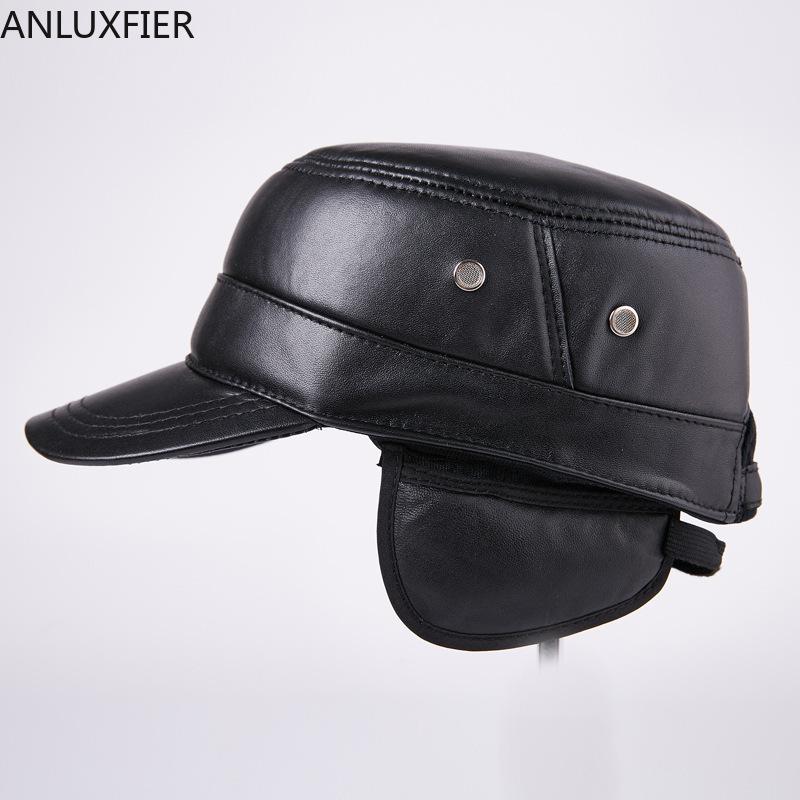 

H7633 Autumn Winter Black Hat Men Korean Sheepskin Genuine Leather Casual Flat Top Cap Male Ear Protection Fashion Caps