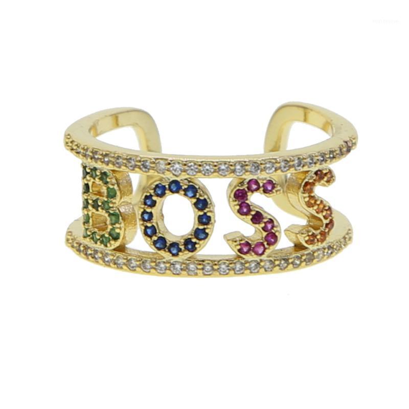 

letter jewelry gold filled colorful cz paved BOSS HAPPY LOVE letter open ring1