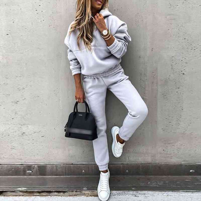 

tracksuit women solid sets elegant female warm hoodie sweatshirts and long pant fashion 2 pieces sets oversized sweatshirt suits, White