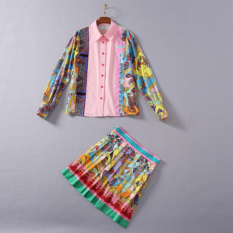 

European and American women's wear 2020 winter new style Long-sleeved vintage printed shirt Pleated skirt Fashionable pink suit