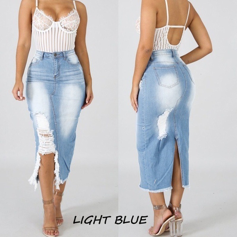 

2021 New Spring and summer size large waist thin asymmetric burr worn out water wash casual fashion split hip denim skirt MKDZ, Lake blue