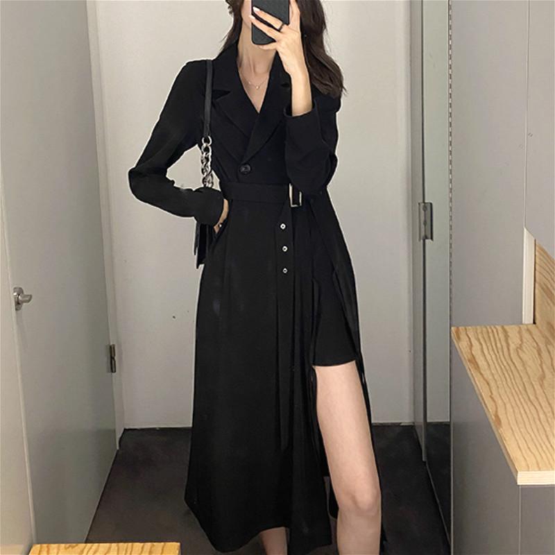 

Black Sexy Vintage Elegant Empire V-neck Women Long Sleeve High Street Solid Midi Dress 2020 Autumn Clothing Female