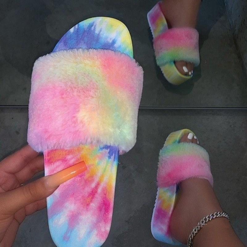 

New Fashion Warm Shoes Woman Winter Slippers Faux Fur Women Slippers Slip on Flip Flops Fur Female Slides Plus Size, Color 2