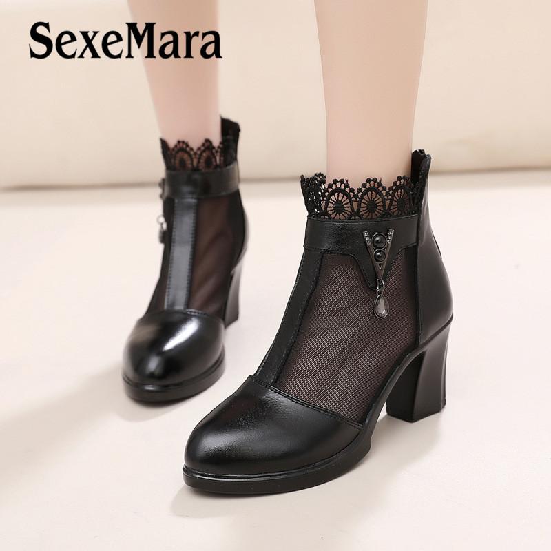 

SexeMara Fashion Women Ankle Boots Hollow Lace Net yarn Genuine Leather Boots Square heel Women's Shoes Female Footwear, Photo color black