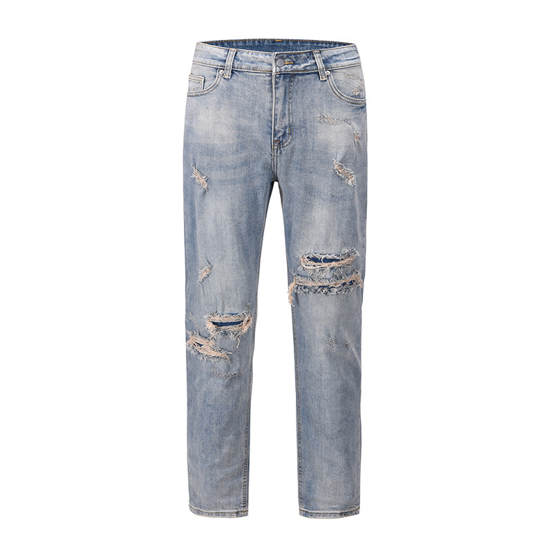 

Streetwear Washed Hole Jeans for Men Straight Frayed Distressed Mens Denim Trousers Hip Hop Loose Pencil Pants, Blue