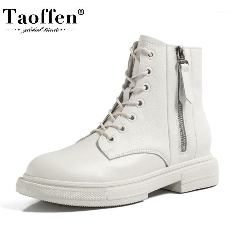 

TAOFFEN Genuine Leather Woman Ankle Boots Zipper Cross Strap Flats Winter Shoes Woman Casual Office Lady Footwear Size 34-401, Beige
