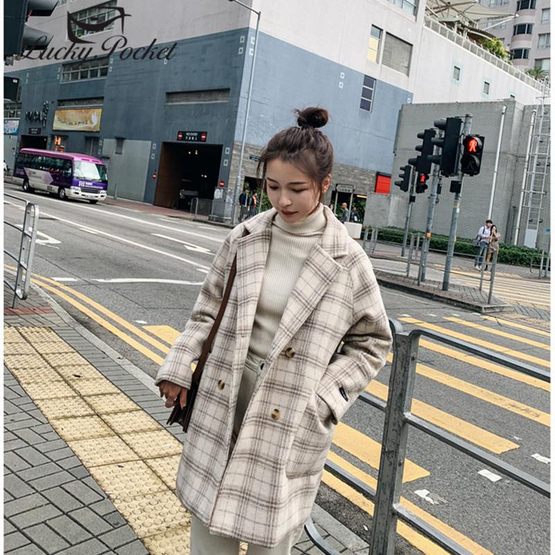 

Women Spring Autumn New Fashion Loose Hit Color Plaid Woolen Coat Female Brand Officed Lady Coat Ladies Slim Elegant Coats ML863, Blue