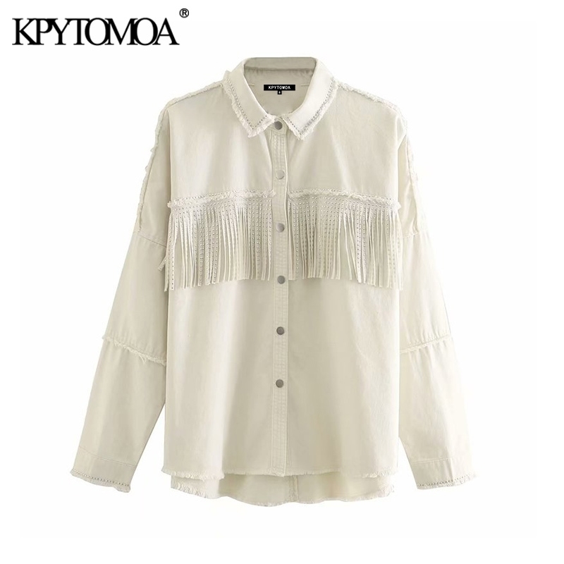 

KPYTOMOA Women Fashion With Studs Fringed Oversized Denim Jacket Coat Vintage Long Sleeve Frayed Female Outerwear Chic Tops 201120, As picture